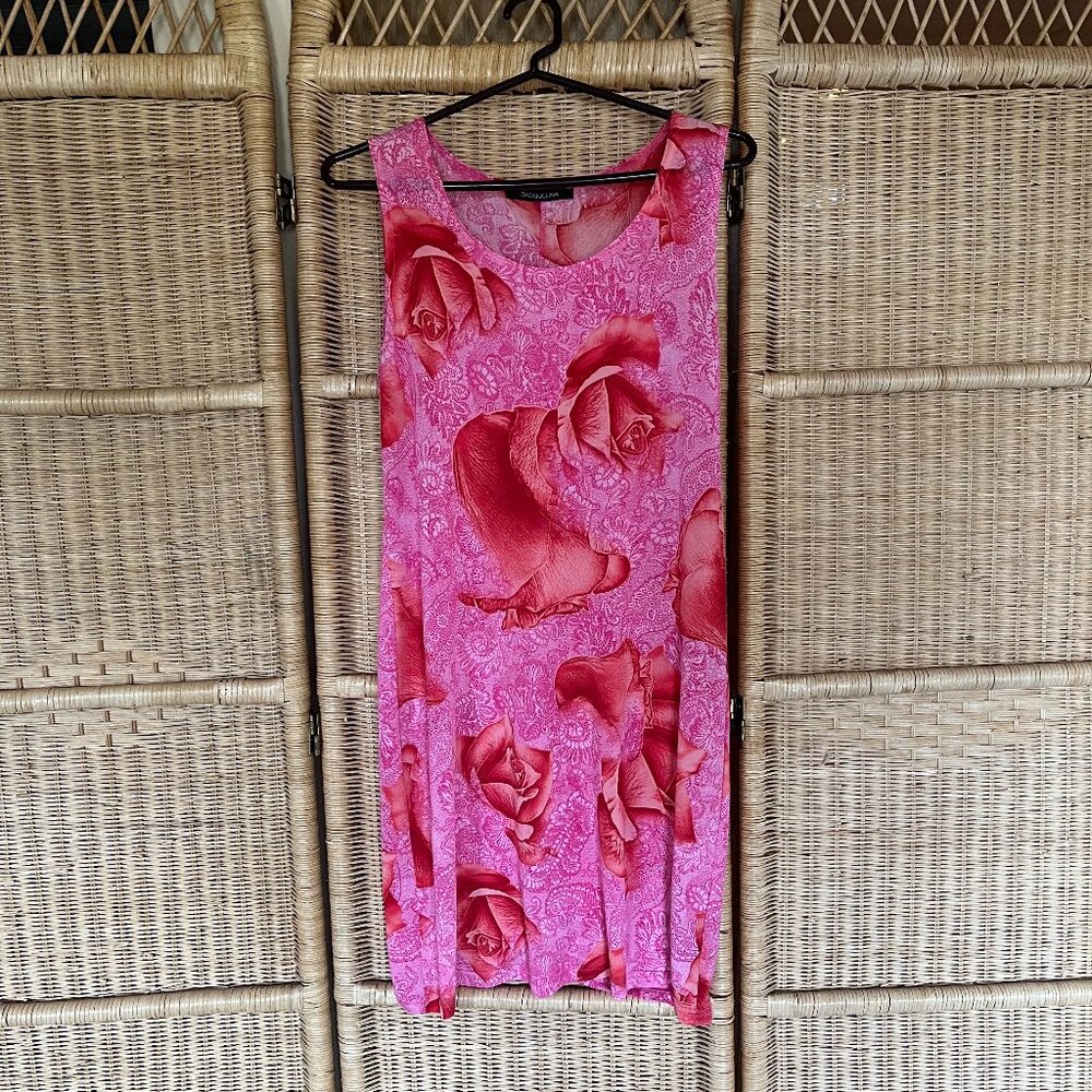 Jaquelina Pink and Red Floral Rose Paisley Stretchy Jersey Dress Size L